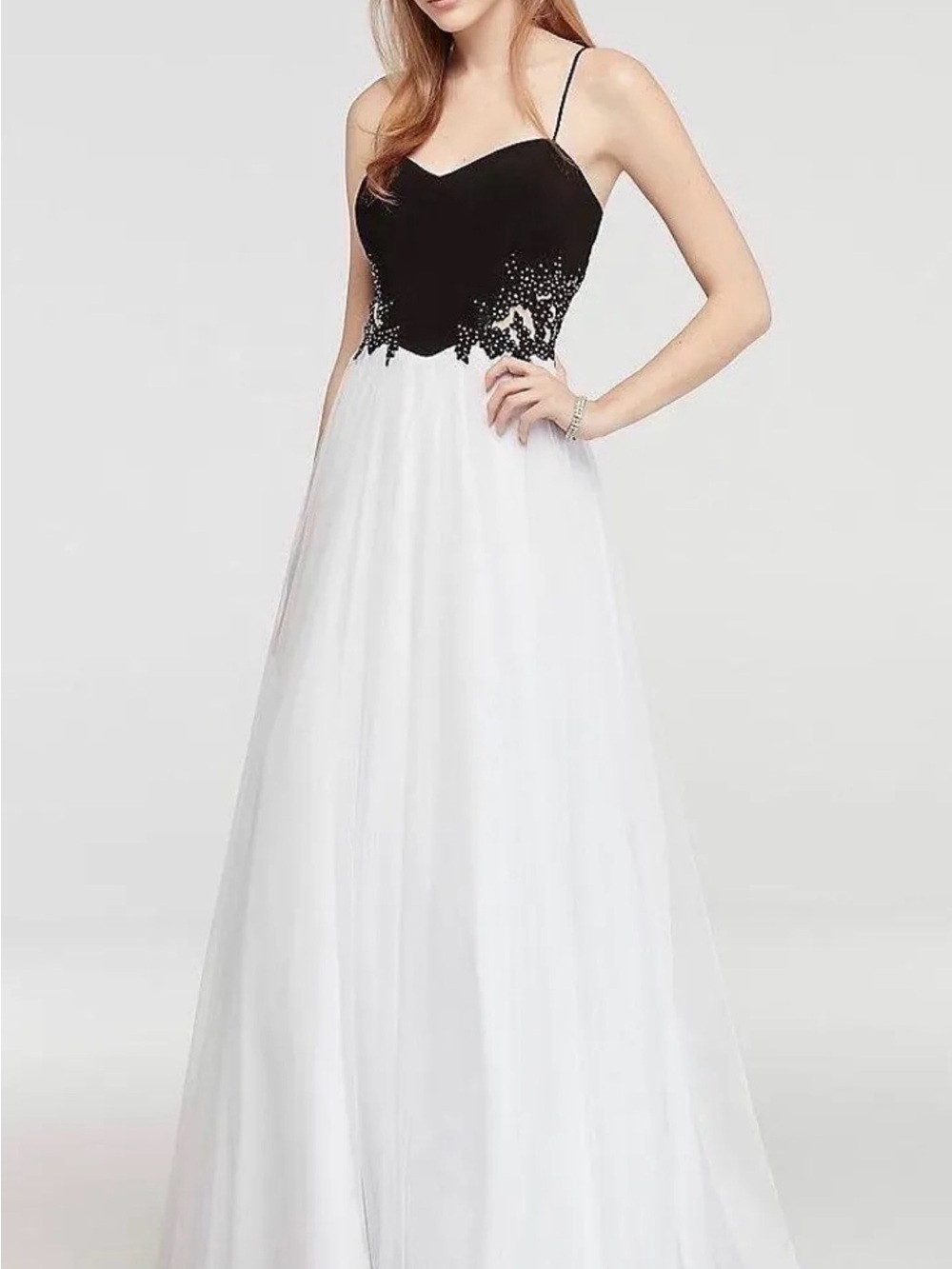 Black and White Beaded Bodice Spaghetti Strap Prom Dress